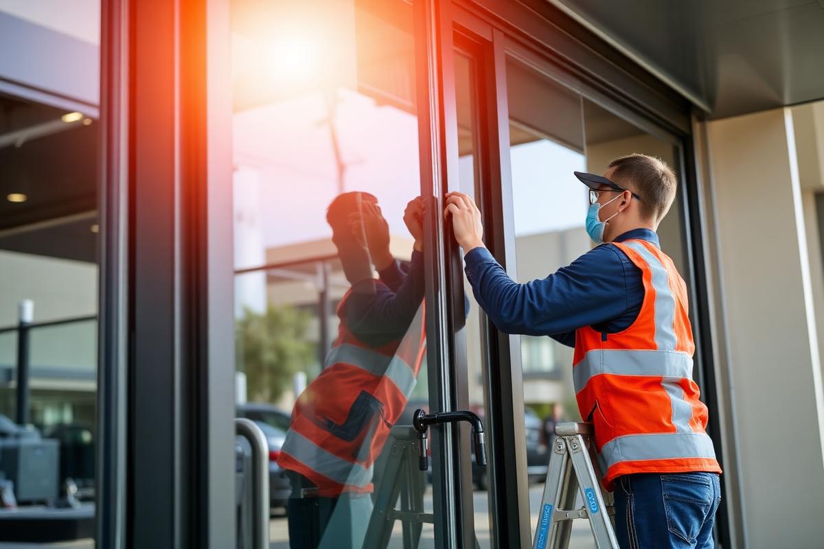Técnico instalando porta automática de vidro em fachada comercial